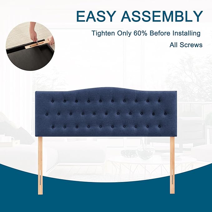 Tufted Upholstered Headboard King Size, Sturdy & Durable Solid Wood Bed headboard, Fabric Headboard Adjustable Height from 37” to 51”, Modern Button Diamond Design Head Board, Blue