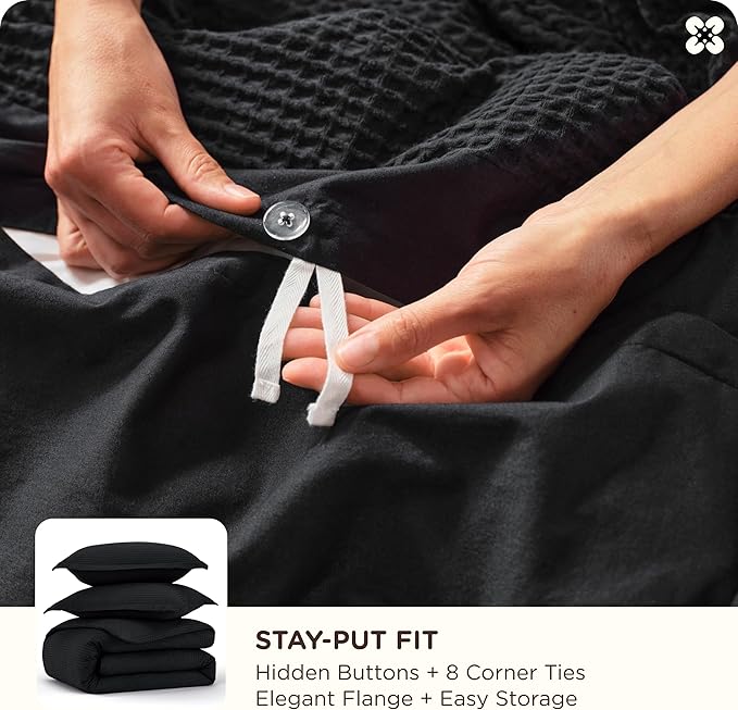Bedsure Cotton Duvet Cover Set - 100% Cotton Waffle Weave Black Duvet Cover Oversized King Size, GentleSoft™ and Breathable Bedding Set for All Season, 3 Pieces, 120"x98"