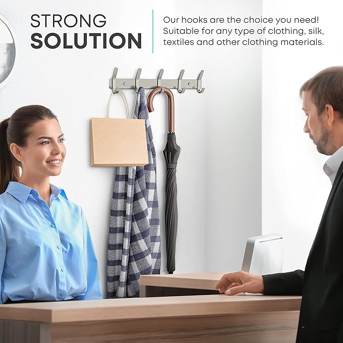 Coat Rack Wall Mount – Brushed Nickel 15 Inch Stainless Steel Hook Rail with 5 Heavy Duty Double Coat Hooks – Wall Mounted Coat Hanger for Entryway, Bathroom, Bedroom, Towel, Hat Organizer - 2 Pack