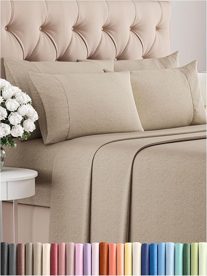 Cal King 6 Piece Sheet Set - Comfy Breathable & Cooling - Soft Hotel Luxury Bedding Set w/ 8-16 Inch Deep Pockets - 1 Flat & 1 Fitted Sheet & 4 Pillowcases - Wrinkle Free & Easy Care - Heathered Beige