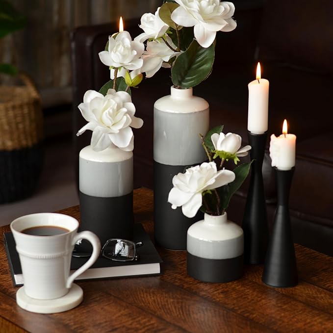 Iconic Dipped Scandinavian Style Bud Vases, Set of 3, Glazed Porcelain, Tonal Shades, Pale Grey, Grey, and Black, Round, 11.5, 7, 4.25 Inches