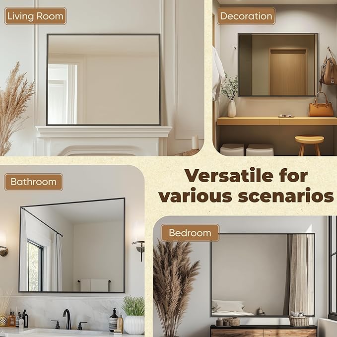Antok Bathroom Mirror,40"x32" Wall Mirror, Decorative Mirrors Vanity Mirror Aluminum Alloy Frame Contemporary Hanging Mirror for Living Room Bathroom Entryway,Black,Rect Corner