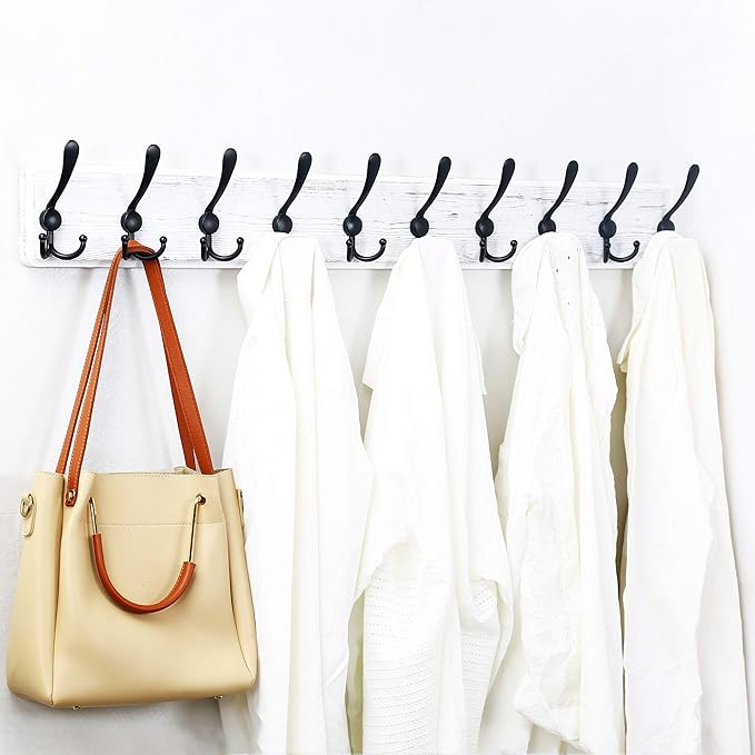 WEBI Wall Mounted Coat Rack, 38 9/16" Long, 10 Hooks, Wood Hanger Rail With Triple Hooks for Hanging Clothes, Jackets - Black/White, 2 Packs