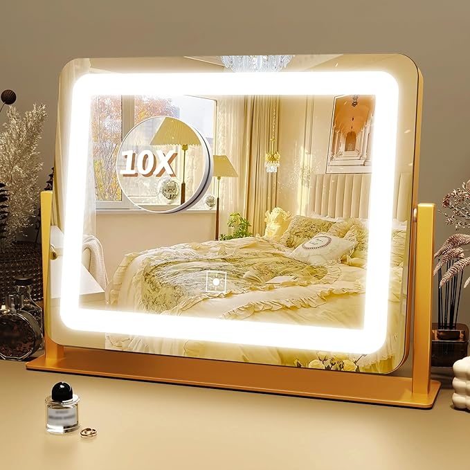 FENNIO Vanity Mirror with Lights, 12" x 16" Lighted Makeup Mirror with Smart Touch Control, 3 Color Modes & Brightness Adjustable, LED Makeup Mirror with 10X Magnification, 360° Rotation （Gold