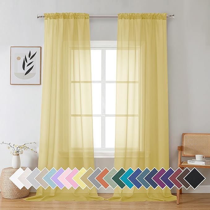 Aiyufeng Yellow Sheer Curtains 2 Panel Sets 90 Inches Long - Transparent Light Weight Soft Yellow Window Treatment Panels for Study Room/Living Room/Guest Room, Per Panel W42 X L90 inches