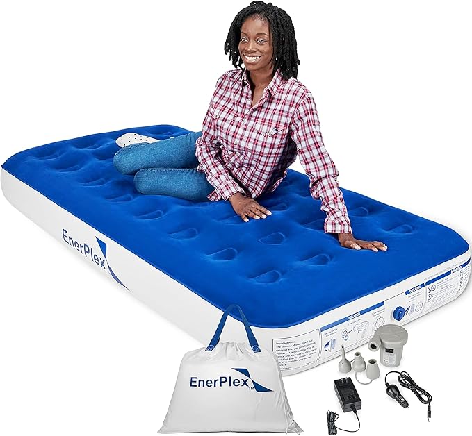 EnerPlex Camping Air Mattress with Built in Pump - Twin Blow Up Mattress for Travel Guests - Portable Bed for Adults and Kids - Blue Open Box
