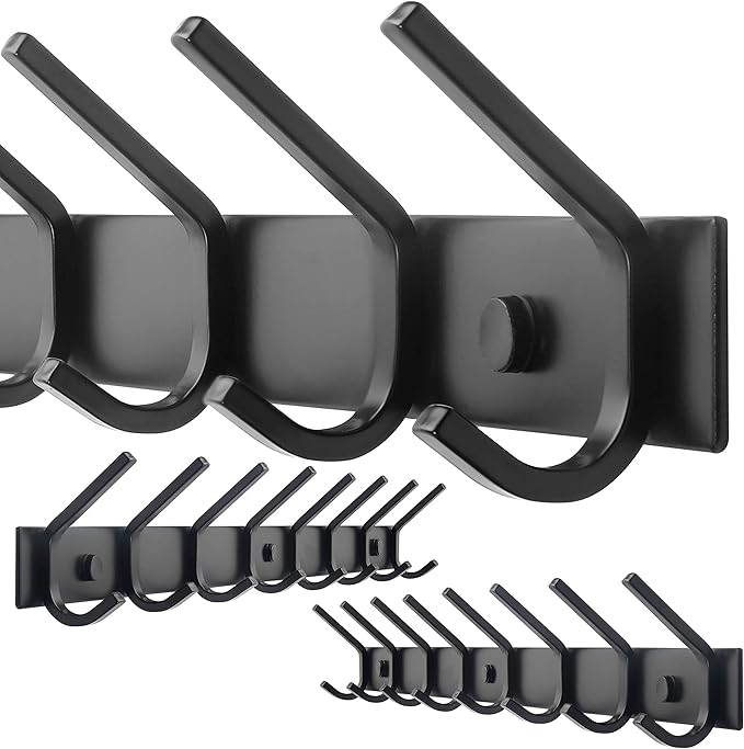 WEBI Coat Rack Wall Mounted,8 Hooks for Hanging Coats,Hook Rack Hook Rail Coat Hanger Wall Mount for Backpack,Clothes,Jacket,Black,2 Packs