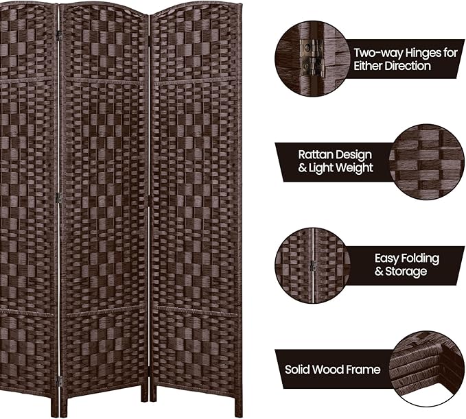 Rose Home Fashion Room Divider, 6 ft Tall Room Dividers and Folding Privacy Screens, 16in Privacy Screen 4 Panel Brown Space Temporary Wall Foldable Partition Separation