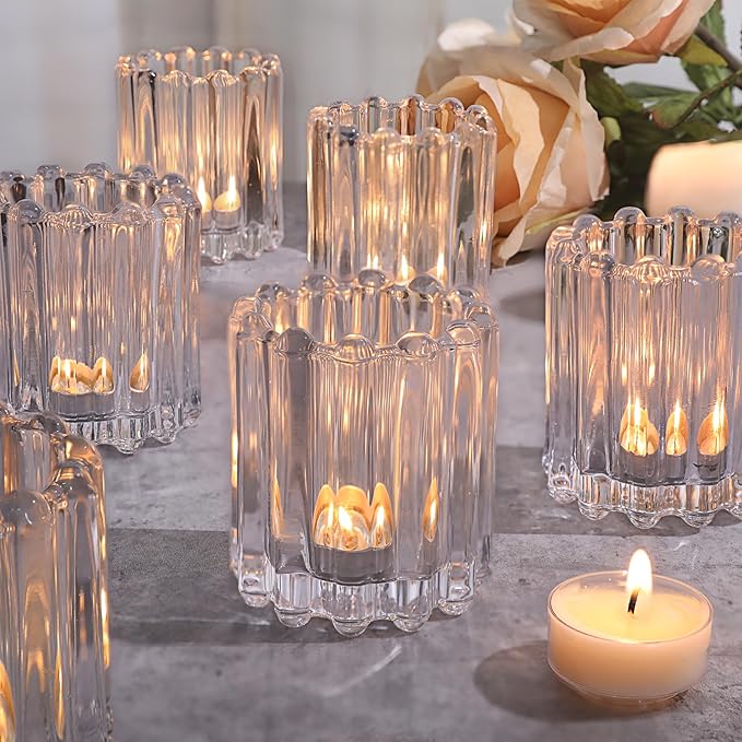 Glass Clear Votive Candle Holder, Ribbed Votive Candle Holders Set of 6, Tealight Candle Holder for Wedding Centerpieces Dinner Party Table Decor