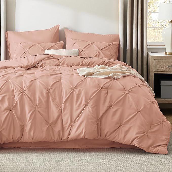Bedsure Twin Comforter Set Dusty Pink - Bed in a Bag Twin Size Bedding 5 Pieces, GentleSoft™ Pintuck Bed Set Gift for Family, Pinch Pleat Dusty Pink Comforter with Sheets, Pillowcase & Sham