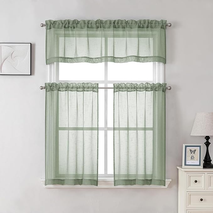 Aiyufeng Kirei Sage Green Kitchen Sheer Valance Curtains 14 Inch Length, Voile Linen Sheer Cafe Curtains for Bathroom Farmhouse Country Light Filtering Short Window Curtain 1 Panel(Green, 60 W x 14 L)