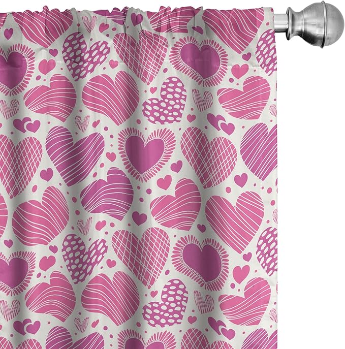 Ambesonne Valentines Window Curtains Pack of 2, Romantic Heart Shapes with Many Different Designs Polka Dots Crossed Lines, Lightweight Set with Rod Pocket, 4 Panels of - 28" x 63", Pink White