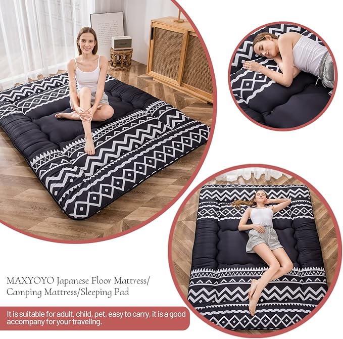 MAXYOYO Japanese Futon Mattress - Thick Comfortable Roll Up Sleeping Pad, Twin, Black Stripe