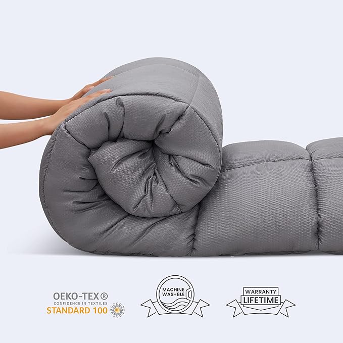 SLEEP ZONE Cooling Mattress Topper Twin XL College Dorm Bedding Quilted Fitted Mattress Pad Cover, Soft Fluffy Down Alternative Pillow Top Bed Topper Deep Pocket 8-21 Inch (Grey, Twin XL)