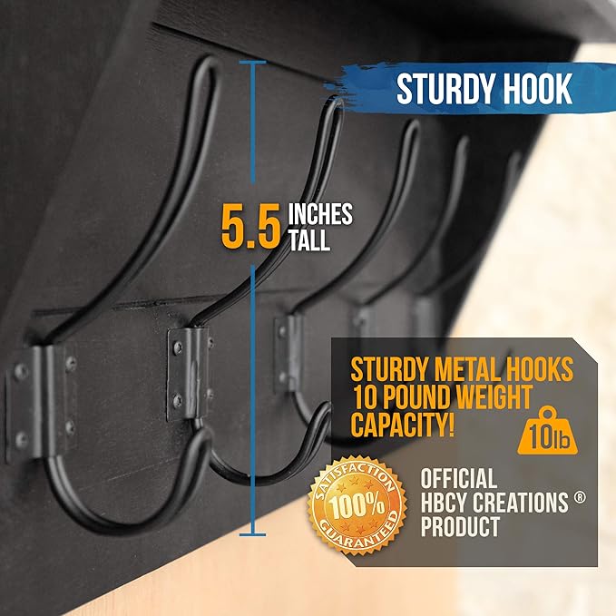 Wall Mounted Coat Rack Shelf, Rustic Wooden Country Style 24" Entryway Shelf with 5 Rustic Hooks Featuring Solid Pine Wood. Perfect Touch for Your Entryway, Mudroom, Kitchen, Bathroom and More, Black