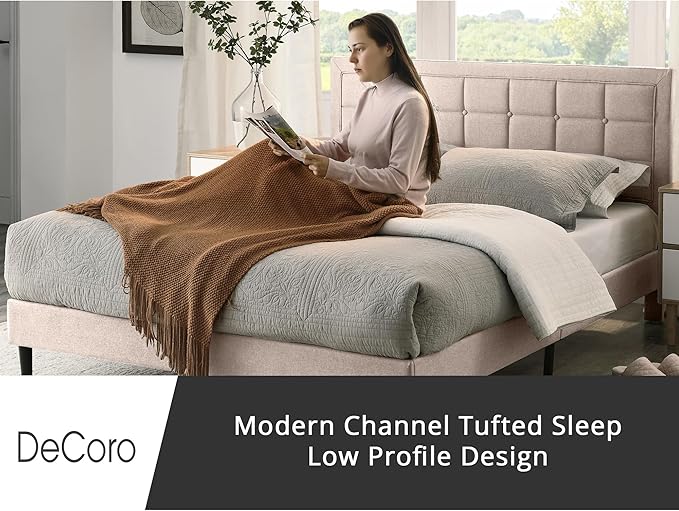 Decoro Mornington Upholstered 2.0 Platform Bed, Button-Tufted Fabric Headboard and Metal Frame with Wood Slat Support, Linen, King
