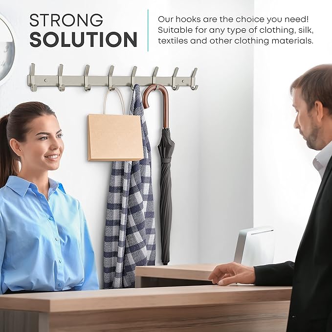 Coat Rack Wall Mount – Brushed Nickel 24 Inch Stainless Steel Hook Rail with 8 Heavy Duty Double Coat Hooks – Wall Mounted Coat Hanger for Entryway, Bathroom, Bedroom, Towel, Hat Organizer - 2 Pack