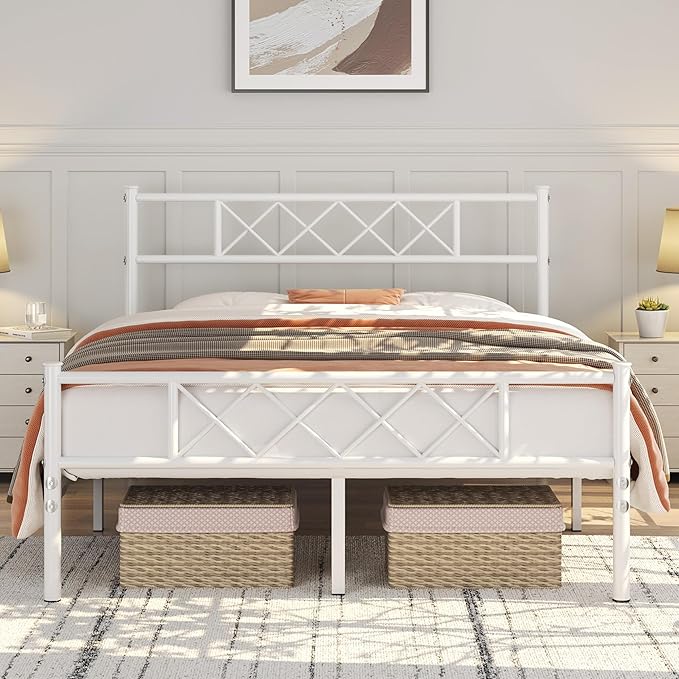 Yaheetech Queen Size Metal Platform Bed Frame with Simple Headboard and Footboard, Mattress Foundation for Under Bed Storage, Steel Slat Support, No Box Spring Needed, Easy Assembly, White