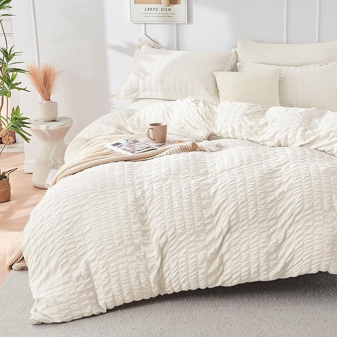 HYMOKEGE Ivory Full Size Comforter Sets Seersucker 7 Pieces, All Season Luxury Bed in a Bag for Bedroom, Bedding Set with Comforters, Sheets, Pillowcases & Shams