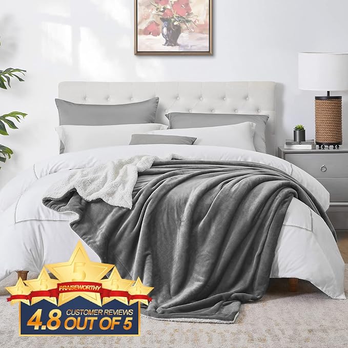 Walensee Sherpa Fleece Blanket (King Size 108”x90” Grey) Plush Throw, Gray Fuzzy Super Soft Reversible Microfiber Flannel Blankets for Couch, Bed, Sofa Ultra Luxurious Warm and Cozy for All Seasons
