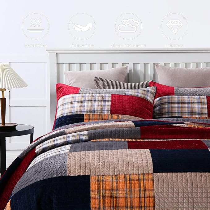 Secgo California King Comforter Set for Bed - 100% Cotton Quilts Cal King Size, Black Bedspreads (120 * 110 Inch) with 2 Pillow Shams, Patchwork Reversible Lightweight Bedding