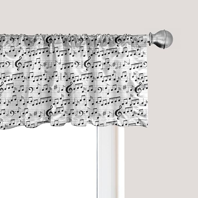 Ambesonne Music Window Valance, Abstract Style Professional Pattern Notes and Clef Sheet Play Writing Print, Curtain Valance for Kitchen Bedroom Decor with Rod Pocket, 54" X 12", Black White
