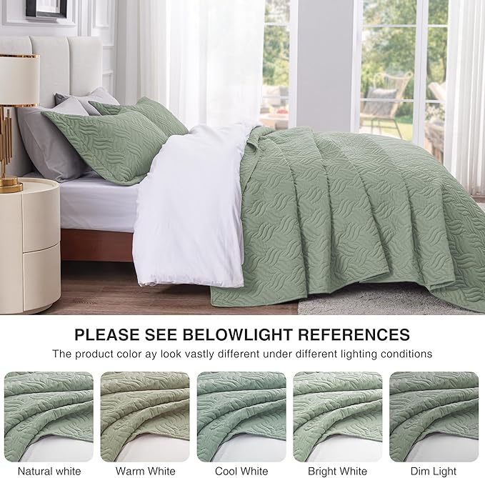 Love's cabin California King Size Quilt Bedding Set Sage Bedspread - Cal King Summer Lightweight Bedspread Comforter - Wave Pattern Coverlet for All Season - 3 Pieces (1 Quilt, 2 Pillow Shams)