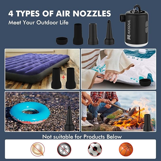 AKSOUL Portable Air Pump for Inflatables: Electric Pumps for Air Mattress Air Bed Pool Floats Raft (Basic & Tiny & Upgraded)