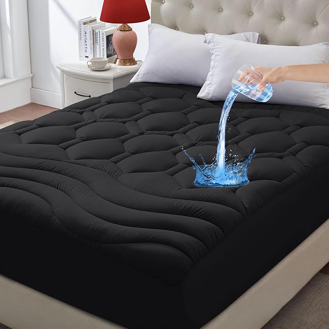 Full Size Mattress Pad Waterproof, Cooling Mattress Topper for Double Bed, Pillow Top Quilted Fitted Mattress Protector Cover with 8-21" Deep Pocket (54x75 inch, Black)