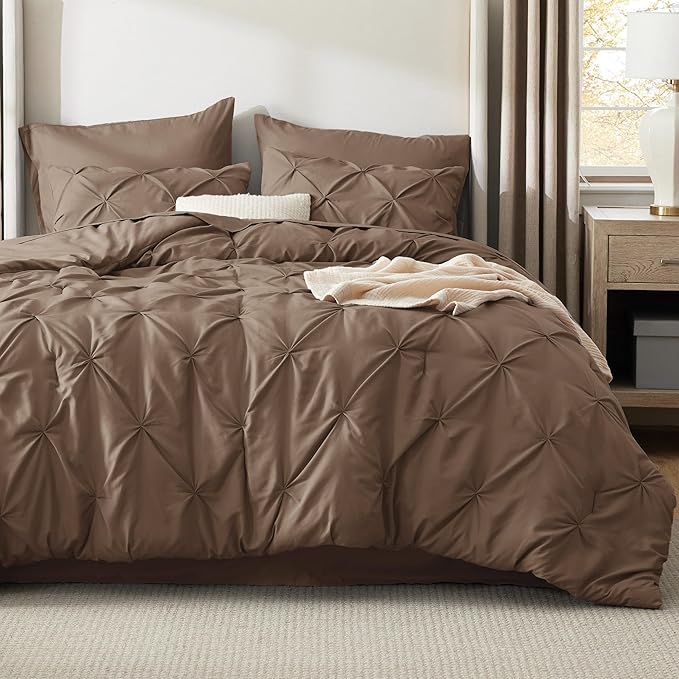 Bedsure King Size Comforter Set Brown - Bed in a Bag Bedding Set 7 Pieces, GentleSoft™ Pintuck Bed Set Gift for Family, Pinch Pleat Brown Comforter with Sheets, Pillowcases & Shams