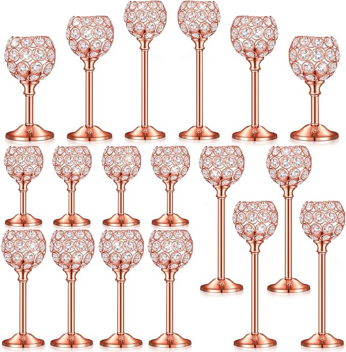 Qunclay 18 Pieces Crystal Candle Holders Bulk Candle Stick Holder Centerpieces for Table Wedding Centerpieces Crystal Decorative Tealight Dining Table Decor for Party(Rose Gold)