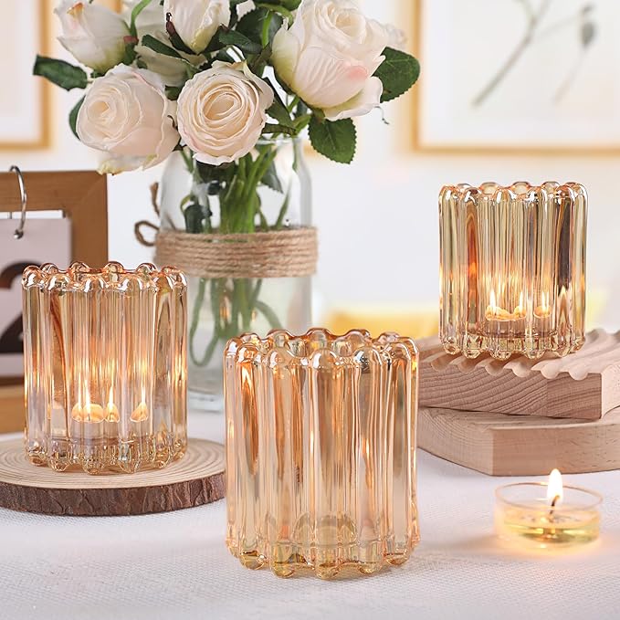 6pcs Votive Candle Holder, Gold Glass Large Candle Holders, Tealight Candle Holder for Fall Wedding Centerpieces Dinner Party Table Decor