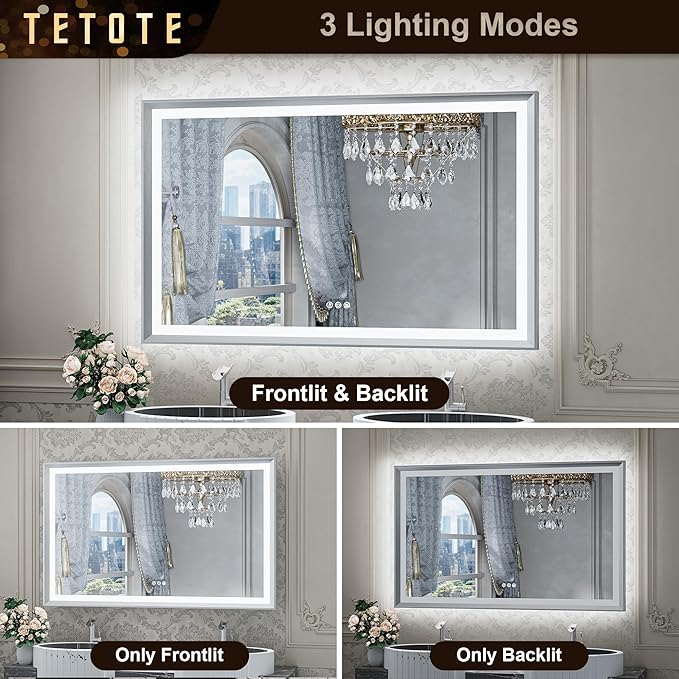 TETOTE Brushed Silver LED Bathroom Mirror with Lights 42x36 Front & Back Light Vanity Framed Mirror Baroque Anti Fog Dimmable White/Warm/Natural,CRI90+,Waterproof,Wall Mounted(Horizontal/Vertical)