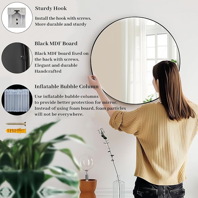 Black Circle Mirror, Round Bathroom Mirror 20 inch, Round Wall Mirror Metal Frame, Circle Mirrors for Bathroom, Vanity, Bedroom, Hallway.