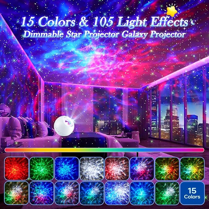 Star Projector Galaxy Light, 15 Colors+15 White Noises Galaxy Projector for Bedroom Adults Ceiling Projector Kids, Bluetooth Star Projector for Kids Galaxy Lamp, Stars Projector for Ceiling Projector