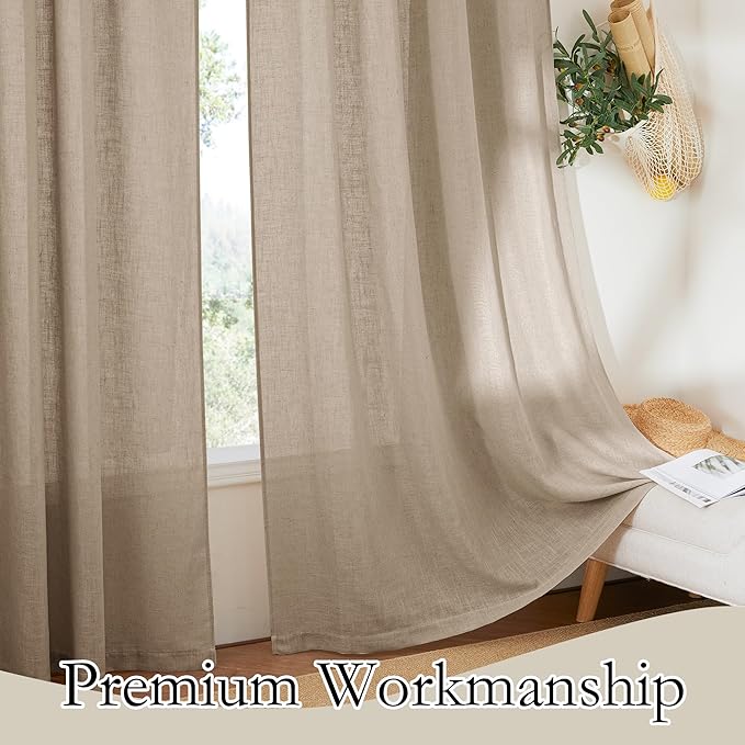 RYB HOME Natural Linen Curtains 84 Inch Length, Light Filtering Home Decor 2 Panels Set for Living Room Bedroom, Vertical Soft Window Treatments for Kitchen Kids Room, Khaki, W 34 x L 84 inches