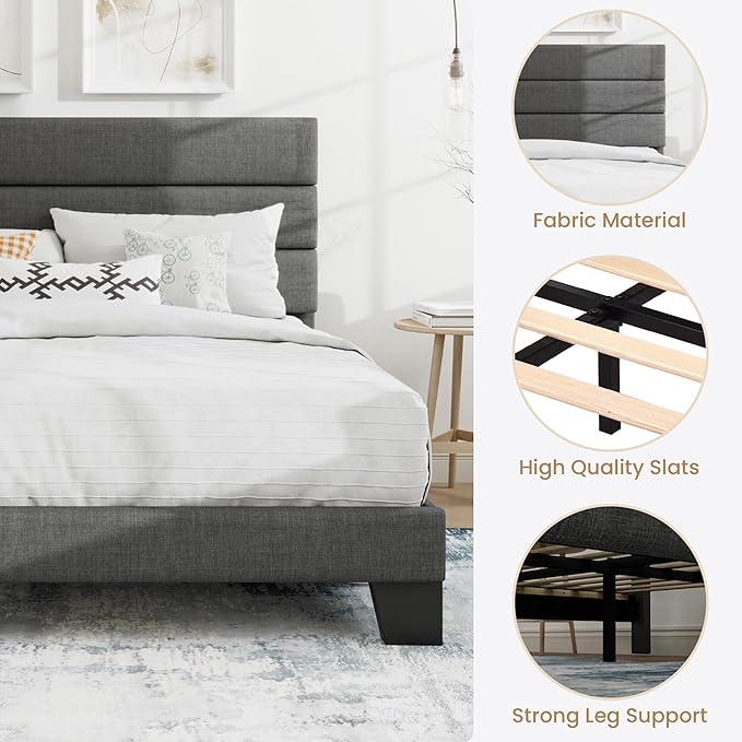 SHA CERLIN Queen Platform Bed Frame with Upholstered Fabric Headboard, Mattress Foundation with Strong Wooden Slats Support, No Box Spring Needed, Grey