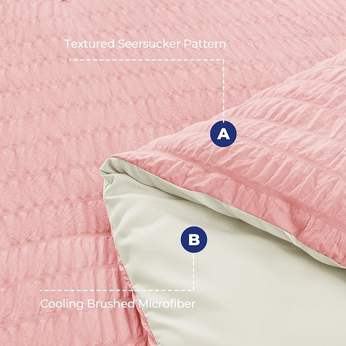 HYMOKEGE Pink/Ivory Twin Comforter Set Seersucker 5 Pieces, All Season Luxury Bed in a Bag for Bedroom, Bedding Set with Comforter, Sheets, Pillowcase & Sham