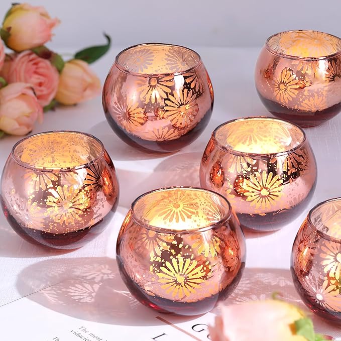 Pink Mercury Glass Votive Candle Holders Set of 12, Round Tealight Candle Holders for Table Centerpieces, Weddings, Shower Gifts, Christmas, Halloween Party Decorations