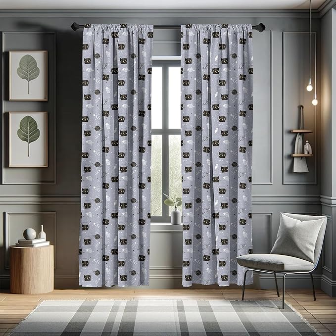 Ambesonne Outer Space Window Curtains, Astronaut Cats Exploring The Universe on Dotted Background, Lightweight Decor 2-Panel Set with Rod Pocket, Pair of - 28" x 84", Purple Grey