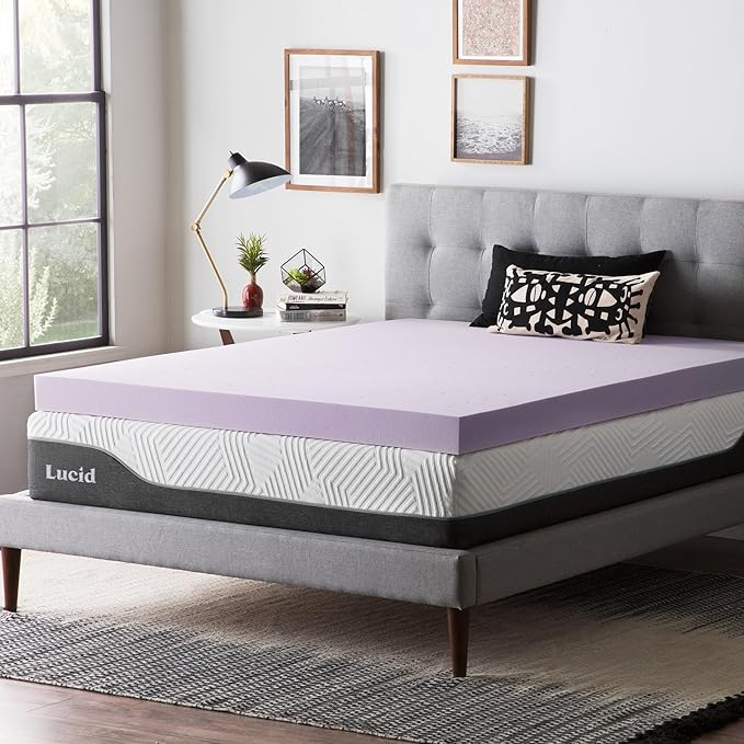 LUCID 4 Inch Lavender Infused Memory Foam Mattress Topper, Queen Size – Ventilated Design – Pressure Relieving Bed Topper - Mattress Pad – CertiPur Certified