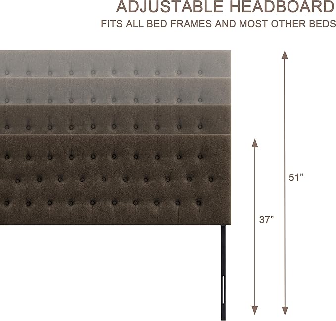 Tufted Upholstered Headboard King Size, Solid Wood Head Board with Durable Metal Legs, Adjustable Height Bed headboard from 37” to 51” Fabric Headboard in Modern Button Design, Chocolate