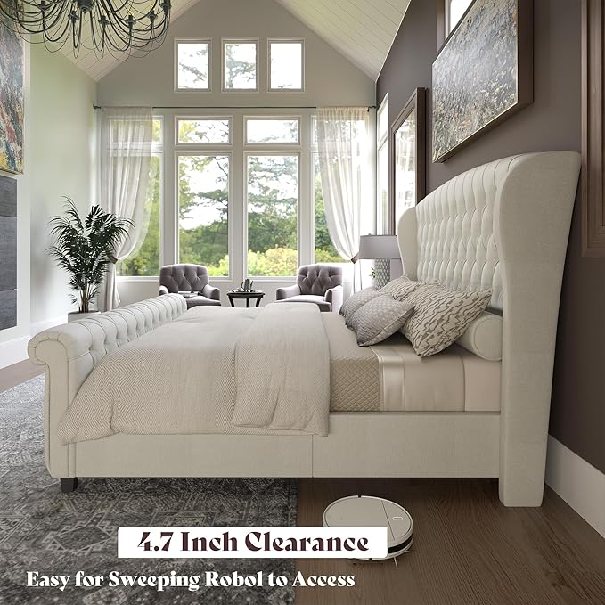 AMERLIFE California King Size Platform Bed Frame, Velvet Upholstered Sleigh Bed with Scroll Wingback Headboard & Footboard/Button Tufted/No Box Spring Required/Cream