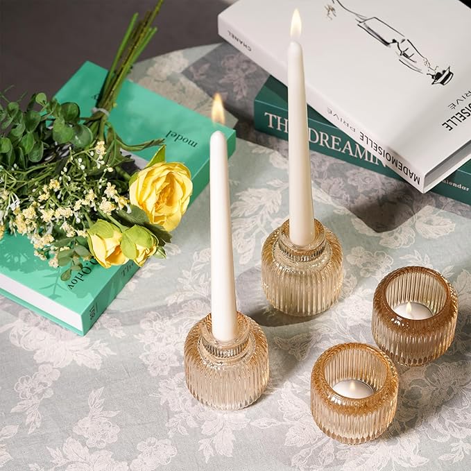Set of 4 Gold Glass Candlesticks – Candle Sticks Holder Decor for Home or Events – Elegant Taper Candle Holders