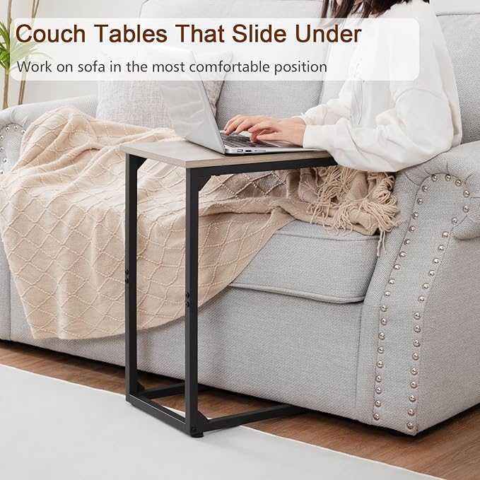 AMHANCIBLE C Shaped Side Table, End Tables Living Room Set of 2, Slide Under Couch Table for Sofa, TV Trays for Bedroom, Small Space, Greige HET02CGY