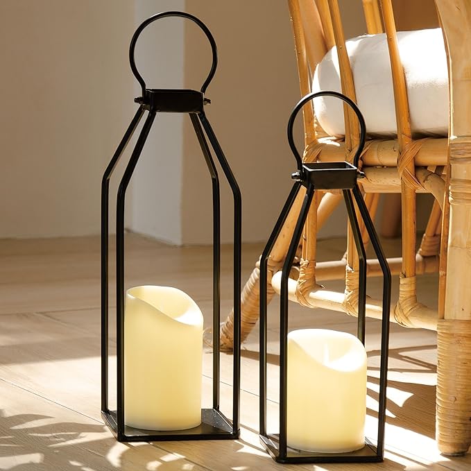Perfnique Modern Farmhouse Lantern Decor, 15'' 13'' Set of 2 Black Metal Lantern, 2 LED 6hr Timer Flameless Candles ＆ Remote Timer, Lanterns Decorative for Outdoor, Home, Indoor, Patio, Christmas