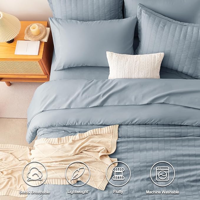 CozyLux Grayish Blue King Size Comforter Set Seersucker 7 Pieces Dusty Blue Bed in a Bag King Comforter Set with Sheets, Luxury Bedding Set with Down Alternative Comforter, Sheets, Pillowcases & Shams