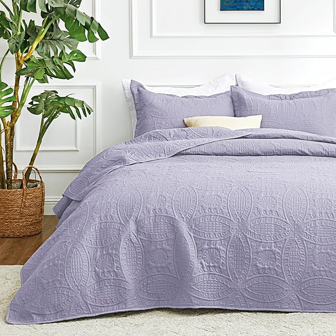 Love's cabin King Size Quilt Bedding Set Lavender Bedspreads - Bed Lightweight Bedspread Comforter - Coin Pattern Bedding Coverlet for All Season - 3 Pieces (1 Quilt, 2 Pillow Shams)