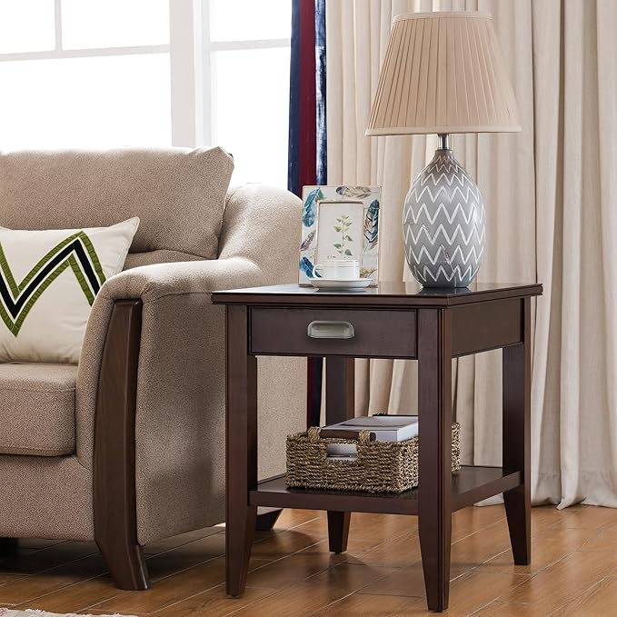 Leick Home Laurent End Table, Solid Wood, 1 Storage Drawer, Bottom Display Shelf, Easy-Assembly, For Living Room/Bedroom, Chocolate Cherry, 20.0 in. L x 24.0 in. W x 24.0 in. H, 10507