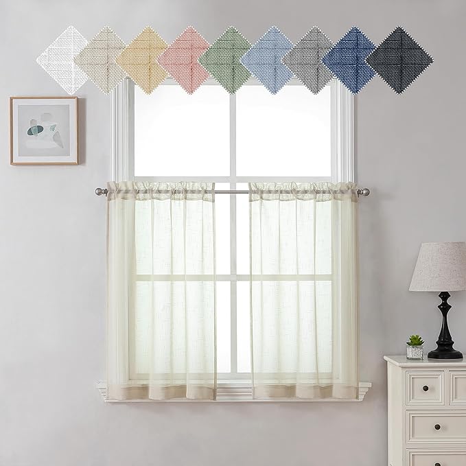 Aiyufeng Kirei 36 inch Natural Sheer Curtains 2 Panels Set for Kitchen, Rod Pocket Semi Sheer Short Curtains & Drapes Privacy with Light Filtering for Cafe/Small Window, Linen, W30 x L36, 2 Piecesi